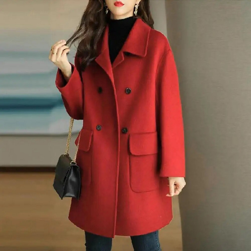 Sieviešu mētelis vienkrāsains, garām piedurknēm, atloks Vidēja garuma jaciņš, saglabā siltumu Divrindu temperamenta biezs ziemas mētelis