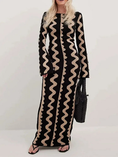 Pavasara sieviešu strīpaina trikotāžas lielkleita Eleganta O veida kakla izgriezuma garās piedurknes Bodycon kleita Sieviešu modes Streetwear ballīšu kleitas