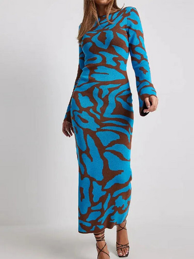 Pavasara sieviešu strīpaina trikotāžas lielkleita Eleganta O veida kakla izgriezuma garās piedurknes Bodycon kleita Sieviešu modes Streetwear ballīšu kleitas