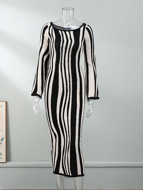 Pavasara sieviešu strīpaina trikotāžas lielkleita Eleganta O veida kakla izgriezuma garās piedurknes Bodycon kleita Sieviešu modes Streetwear ballīšu kleitas