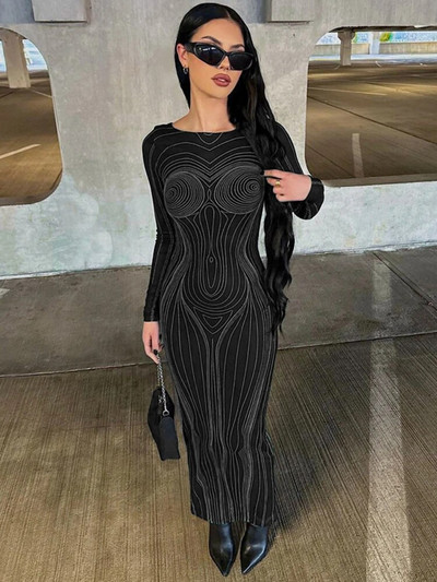 WeiYao svītraina apdruka bez aizmugures garām piedurknēm Maxi Bodycon kleita 2023. gada pavasara rudens sievietēm Sexy O kakla izdilis garas kleitas kluba ballīte