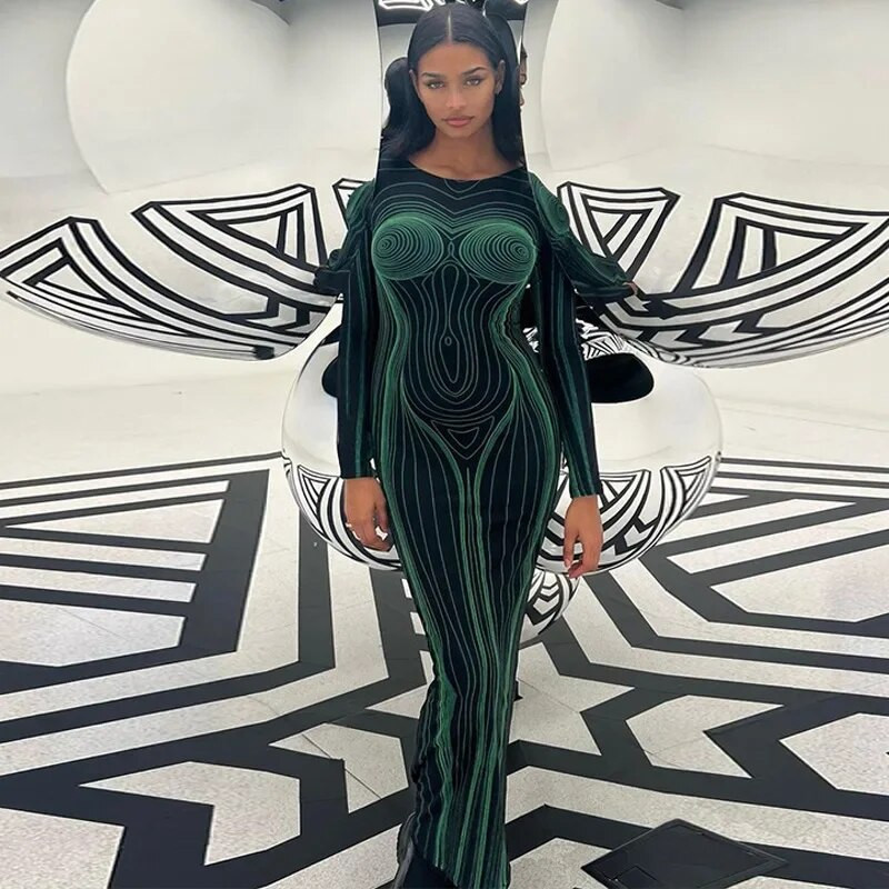 WeiYao svītraina apdruka bez aizmugures garām piedurknēm Maxi Bodycon kleita 2023. gada pavasara rudens sievietēm Sexy O kakla izdilis garas kleitas kluba ballīte