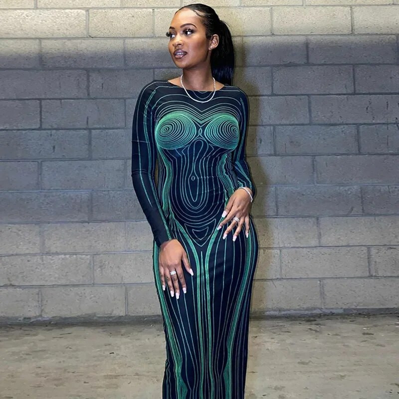 WeiYao svītraina apdruka bez aizmugures garām piedurknēm Maxi Bodycon kleita 2023. gada pavasara rudens sievietēm Sexy O kakla izdilis garas kleitas kluba ballīte