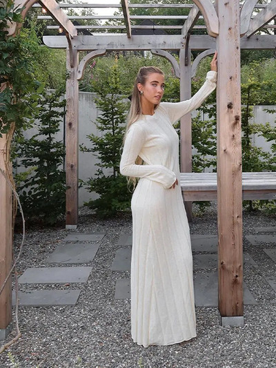 Sieviešu modes šiks vienkrāsains rievotu trikotāžas kleita Eleganta kaklasaites kleitas ar garām piedurknēm 2023. gada rudens ziemas dāmu kleitas High Street