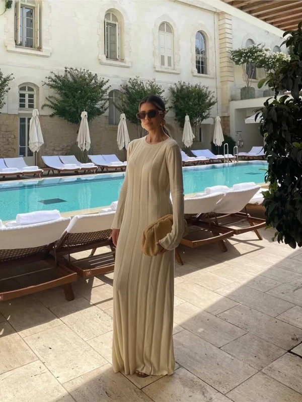 Sieviešu modes šiks vienkrāsains rievotu trikotāžas kleita Eleganta kaklasaites kleitas ar garām piedurknēm 2023. gada rudens ziemas dāmu kleitas High Street