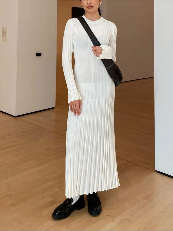 Sieviešu modes šiks vienkrāsains rievotu trikotāžas kleita Eleganta kaklasaites kleitas ar garām piedurknēm 2023. gada rudens ziemas dāmu kleitas High Street