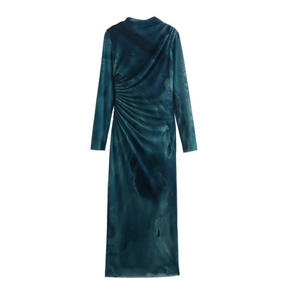 TRAF naiste siidist võrgust midikleit 2023. aasta sügisene naiste pikkade varrukatega vintage pikk kleit Naiste elegantne õhuke kleit