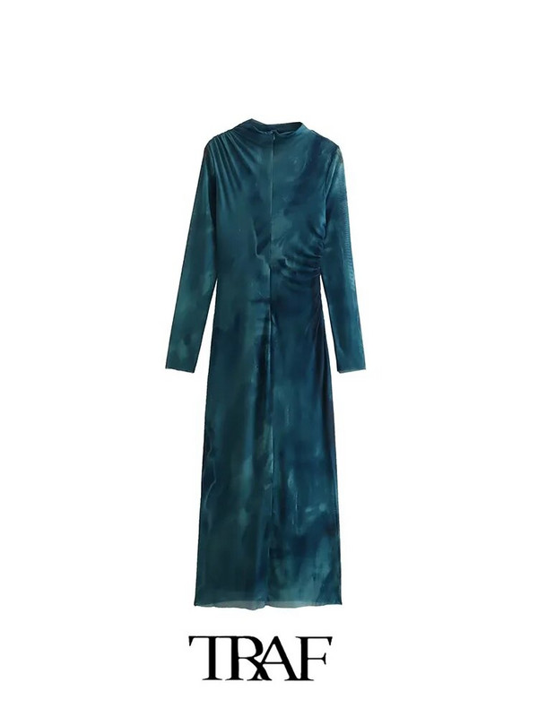 TRAF naiste siidist võrgust midikleit 2023. aasta sügisene naiste pikkade varrukatega vintage pikk kleit Naiste elegantne õhuke kleit