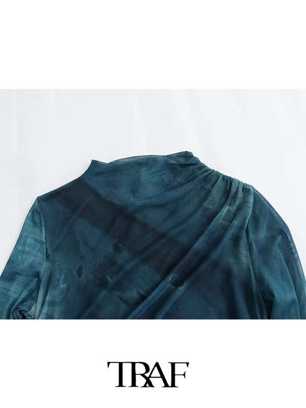 TRAF naiste siidist võrgust midikleit 2023. aasta sügisene naiste pikkade varrukatega vintage pikk kleit Naiste elegantne õhuke kleit