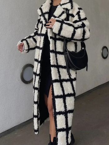 Faux Lamb καρό γυναικείο μακρύ παλτό 2022 Φθινόπωρο Χειμώνας Ολόσωμο μανίκι τσέπη με κουμπιά casual πανωφόρι Office Lady Elegant Windbreaker
