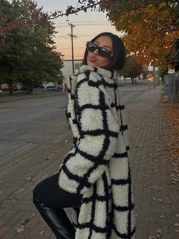 Изкуствено агнешко карирано дамско дълго палто с ревер за есен-зима 2022 г. Ежедневно палто с копчета с пълен ръкав Елегантна ветровка за офис дама