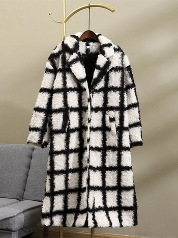 Faux Lamb καρό γυναικείο μακρύ παλτό 2022 Φθινόπωρο Χειμώνας Ολόσωμο μανίκι τσέπη με κουμπιά casual πανωφόρι Office Lady Elegant Windbreaker