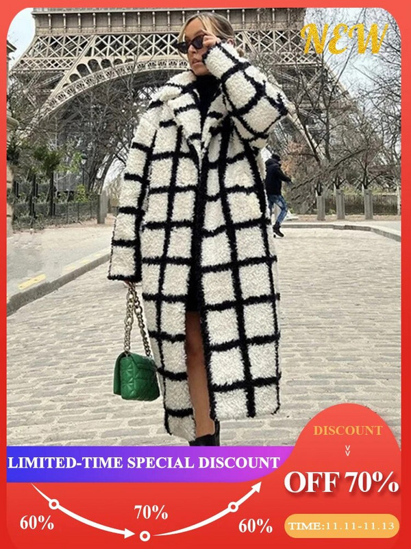 Kunstlammaste ruuduline revääridega naiste pikk mantel 2022, sügis-talv, täisvarrukatega nööbitasku vabaaja mantel kontorinaise elegantne tuulejakk