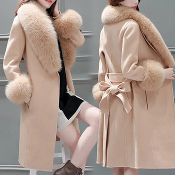 2023 Есен Зима Модно палто от висок клас Тънко вълнено палто с яка от изкуствена кожа Тънко тънко палто със средна дължина Дамско палто