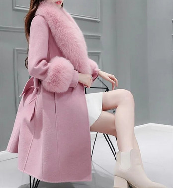 2023 Φθινόπωρο χειμερινό παλτό υψηλής μόδας Slim ήταν λεπτό μάλλινο παλτό από ψεύτικη γούνα Γιακάς από γούνα λεπτό ήταν λεπτό Γυναικείο παλτό μεσαίου μήκους