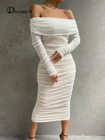 Dressmecb Solid Mesh Λευκά Midi Φορέματα Γυναικεία ρούχα με μακριά μανίκια φθινοπωρινό φόρεμα με μακρυμάνικο ώμο