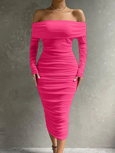 Dressmecb Solid võrgusilma valged Midikleidid Naiste riietus õlgadest, pikkade varrukatega sügiskleit seljata, rusikas, seksikas peokleit