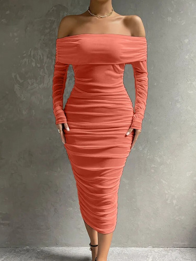 Dressmecb Solid võrgusilma valged Midikleidid Naiste riietus õlgadest, pikkade varrukatega sügiskleit seljata, rusikas, seksikas peokleit