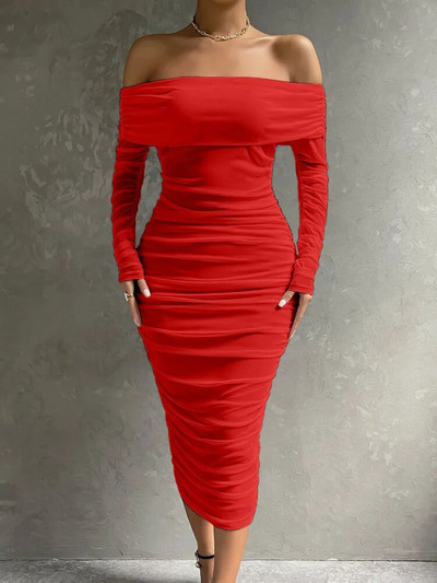 Dressmecb Solid võrgusilma valged Midikleidid Naiste riietus õlgadest, pikkade varrukatega sügiskleit seljata, rusikas, seksikas peokleit