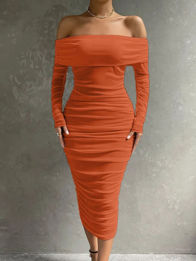 Dressmecb Solid võrgusilma valged Midikleidid Naiste riietus õlgadest, pikkade varrukatega sügiskleit seljata, rusikas, seksikas peokleit