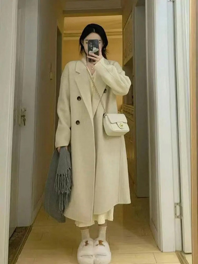 Jesen i zima, novi dugi kaput s miješanim kašmirom, vuneni vuneni kaput, dugi kaput s dvostrukim kopčanjem i kašmirom s velikim reverom