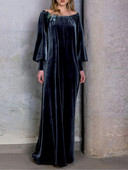 Baršunasta vintage ženska maksi haljina, velika večernja haljina s brodskim izrezom i dugim rukavima, uska, plisirana maturalna haljina