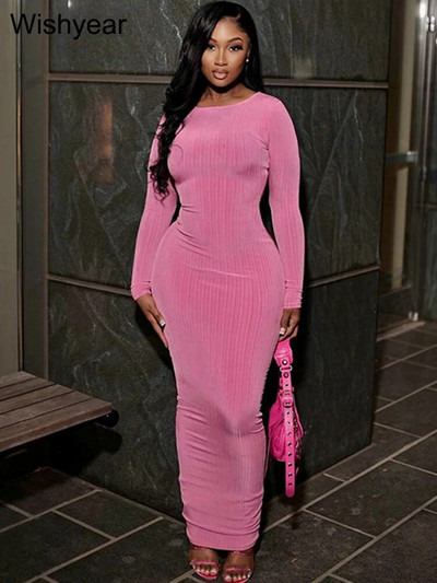 Eleganta, viengabalaina adīšanas rievotas vakarkleitas sievietēm Apģērbs 2023. gads ar garām piedurknēm ar kaklu biroja maksikleitu klubs Sieviešu dzimšanas diena