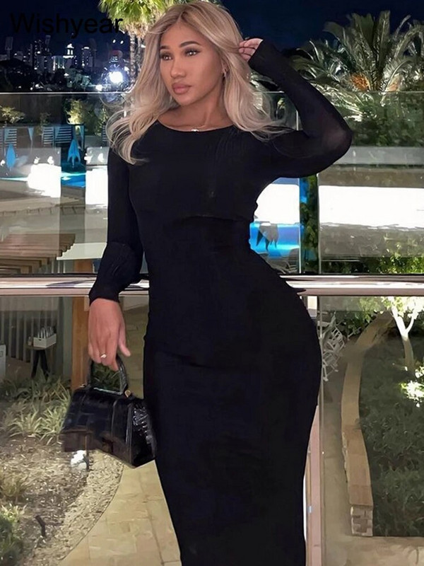 Eleganta, viengabalaina adīšanas rievotas vakarkleitas sievietēm Apģērbs 2023. gads ar garām piedurknēm ar kaklu biroja maksikleitu klubs Sieviešu dzimšanas diena