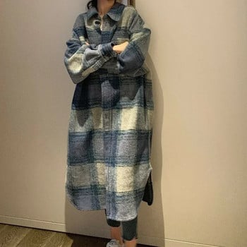 Καρό μονό τοπ Κορεάτικα εξωτερικά ενδύματα Μόδα γυναικείο πανωφόρι 2023 Άνοιξη Χειμώνας Γυναικείες Φαρδιά μακριά μάλλινα παλτό Vintage ριχτό παλτό