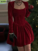 WannaThis samta kvadrātveida korsete ar līniju sieviešu formāla kleita Bodycon ar garām piedurknēm Jaungada eleganta rudens ballīte Seksīga dāmu mini kleita