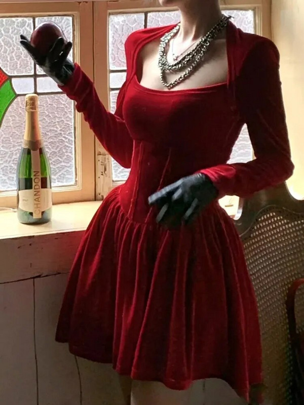 WannaThis samta kvadrātveida korsete ar līniju sieviešu formāla kleita Bodycon ar garām piedurknēm Jaungada eleganta rudens ballīte Seksīga dāmu mini kleita