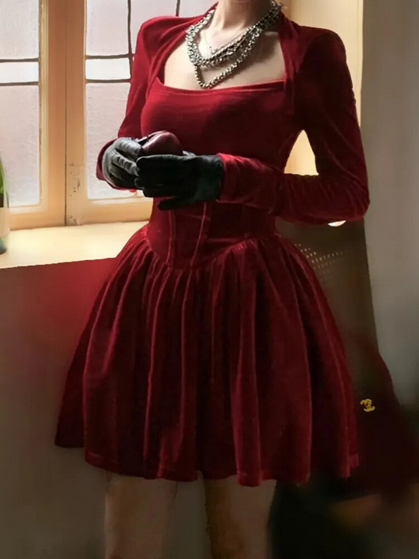 WannaThis samta kvadrātveida korsete ar līniju sieviešu formāla kleita Bodycon ar garām piedurknēm Jaungada eleganta rudens ballīte Seksīga dāmu mini kleita