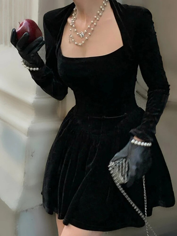 WannaThis samta kvadrātveida korsete ar līniju sieviešu formāla kleita Bodycon ar garām piedurknēm Jaungada eleganta rudens ballīte Seksīga dāmu mini kleita