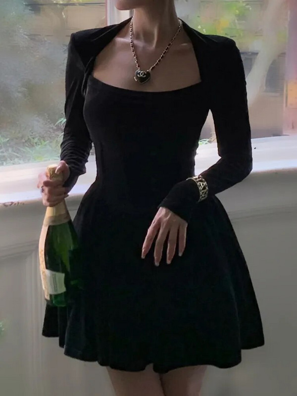 WannaThis samta kvadrātveida korsete ar līniju sieviešu formāla kleita Bodycon ar garām piedurknēm Jaungada eleganta rudens ballīte Seksīga dāmu mini kleita