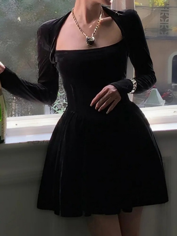 WannaThis samta kvadrātveida korsete ar līniju sieviešu formāla kleita Bodycon ar garām piedurknēm Jaungada eleganta rudens ballīte Seksīga dāmu mini kleita