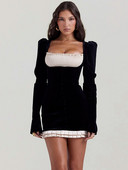 Mozision elegantna seksi mini haljina dugih rukava bez leđa Ženska jesen zima nova patchwork četvrtasta kragna uz obuzu Club Party Dress