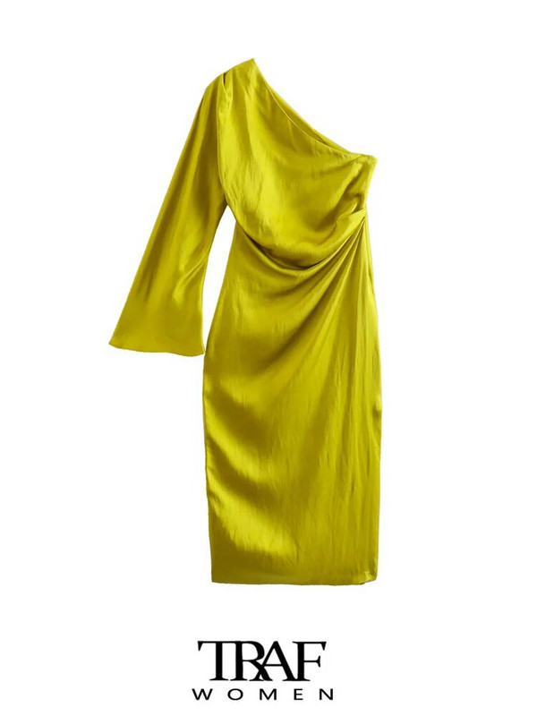 TRAF Sieviešu modes drapēta satīna asimetriska vidēja izmēra kleita retro stila kleita ar garām piedurknēm ar rāvējslēdzēju sānos Sieviešu kleitas Mujer