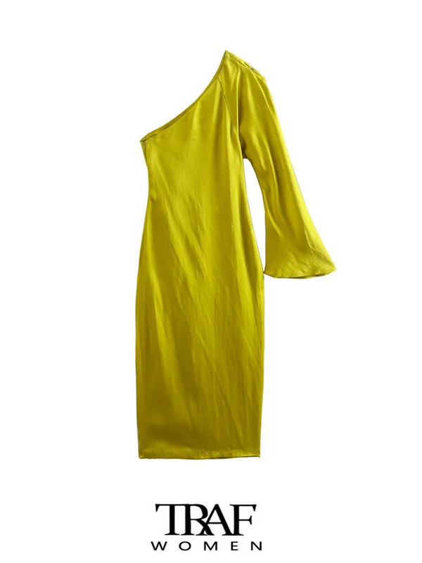 TRAF Sieviešu modes drapēta satīna asimetriska vidēja izmēra kleita retro stila kleita ar garām piedurknēm ar rāvējslēdzēju sānos Sieviešu kleitas Mujer