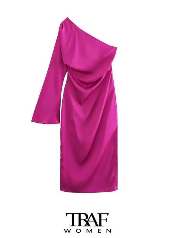 TRAF Sieviešu modes drapēta satīna asimetriska vidēja izmēra kleita retro stila kleita ar garām piedurknēm ar rāvējslēdzēju sānos Sieviešu kleitas Mujer