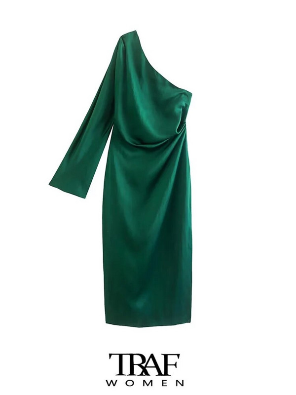 TRAF Sieviešu modes drapēta satīna asimetriska vidēja izmēra kleita retro stila kleita ar garām piedurknēm ar rāvējslēdzēju sānos Sieviešu kleitas Mujer