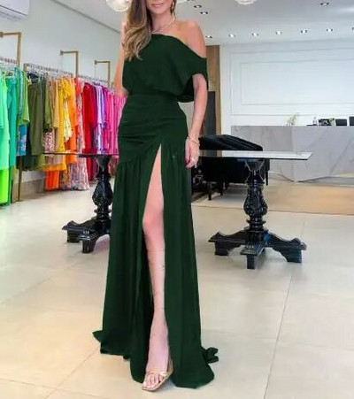 Ženske haljine s ovratnikom ravnih linija, kratkih rukava, duga suknja, moderna blagdanska seksi haljina s podijeljenim izrezom i jednim linijskim izrezom