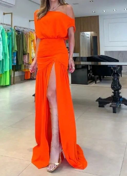 Ženske haljine s ovratnikom ravnih linija, kratkih rukava, duga suknja, moderna blagdanska seksi haljina s podijeljenim izrezom i jednim linijskim izrezom