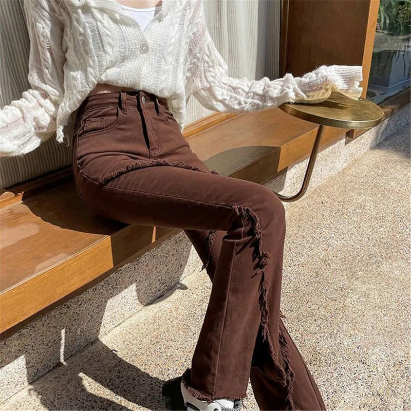 Retro široke traperice s resicama Ženske jednobojne odjeće visokog struka Hlače na zvonce Smeđe uske elastične traper hlače s neobrađenim porubom