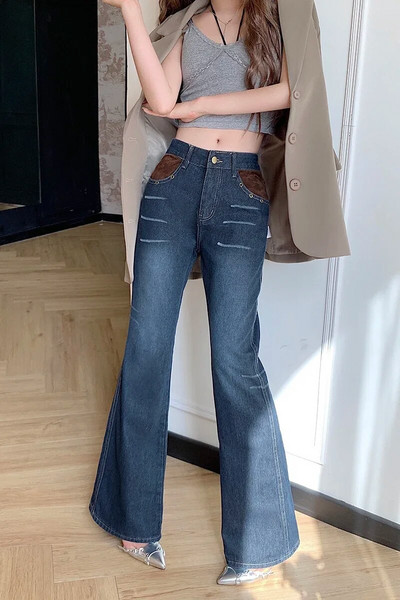 Jielur Sügises kõrge vöökohaga õhukesed naiste teksad Retro kontrastset värvi vabaaja šikk naiste teksad Mood Tänava lihtsad lainetavad püksid naistele