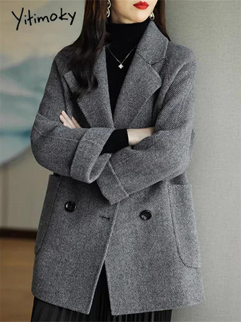Дамско вълнено палто с назъбени вълни Yitimoky Есен Зима 2023 Модно офис дамско свободно яке с дълъг ръкав Ежедневни двуредни палта