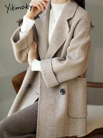 Дамско вълнено палто с назъбени вълни Yitimoky Есен Зима 2023 Модно офис дамско свободно яке с дълъг ръкав Ежедневни двуредни палта