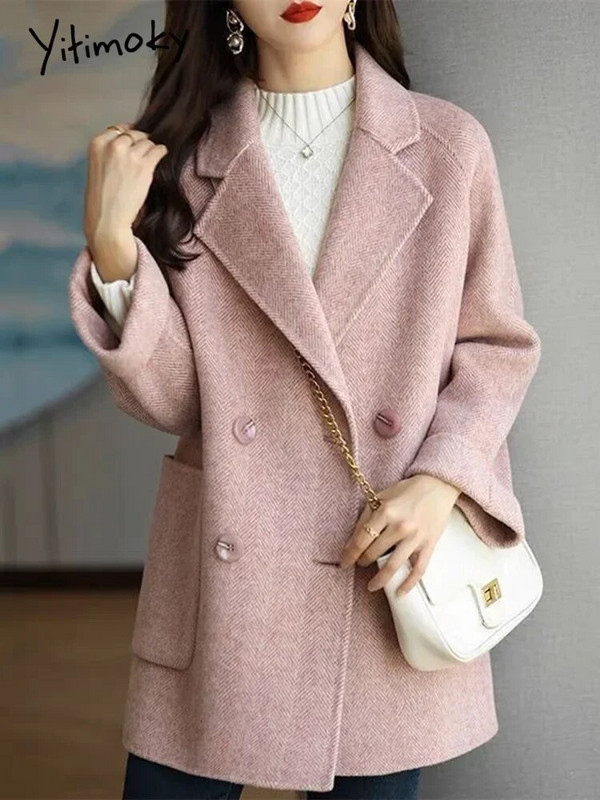 Γυναικείο παλτό Yitimoky οδοντωτό μάλλινο φθινόπωρο Χειμώνας 2023 Γραφείο μόδας Γυναικείο μακρυμάνικο φαρδύ μπουφάν Casual διπλό παλτό