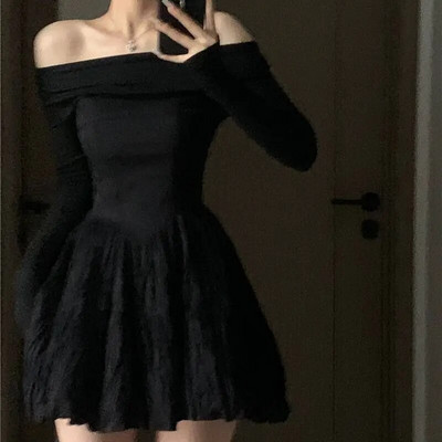 Crna mini haljina, ženska gotička balska haljina dugih rukava, šik odjeća za zabavu Temper Vintage s kosim izrezom, seksi vestidos definiranog francuskog stila