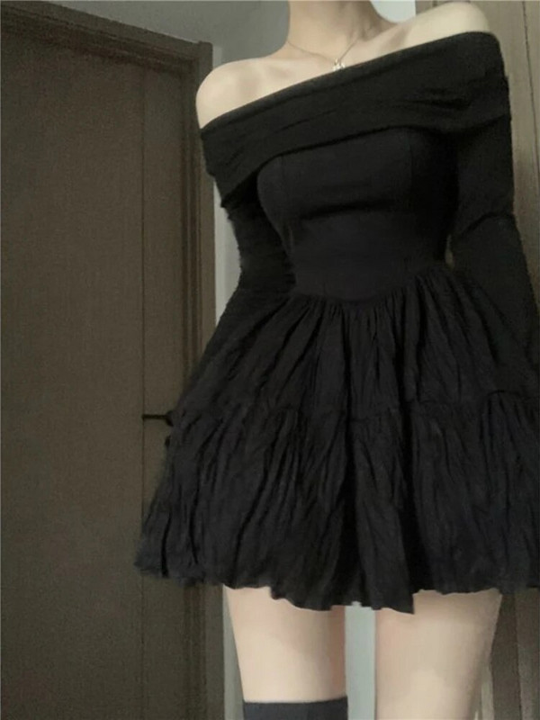 Crna mini haljina, ženska gotička balska haljina dugih rukava, šik odjeća za zabavu Temper Vintage s kosim izrezom, seksi vestidos definiranog francuskog stila