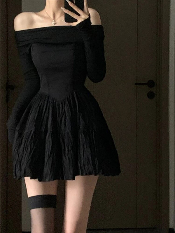 Crna mini haljina, ženska gotička balska haljina dugih rukava, šik odjeća za zabavu Temper Vintage s kosim izrezom, seksi vestidos definiranog francuskog stila